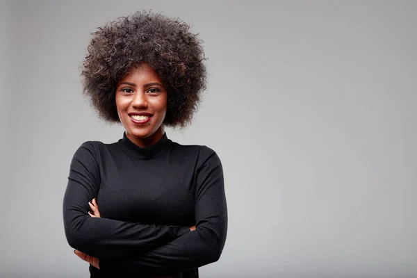 Cute Trendy Young Black Woman Vivacious Smile Standing Folded Arms — Stock Photo, Image