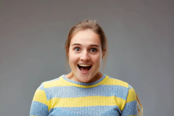 Joyful Surprise Portrait Young Woman Positively Surprised Almost Astonished Open — Stock Photo, Image