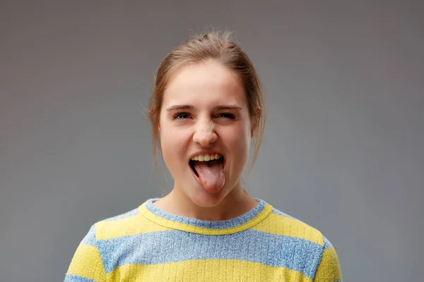 Bleahh Portrait Young Woman Tongue Out She Incorrigibly Mischievous She — Stock Photo, Image