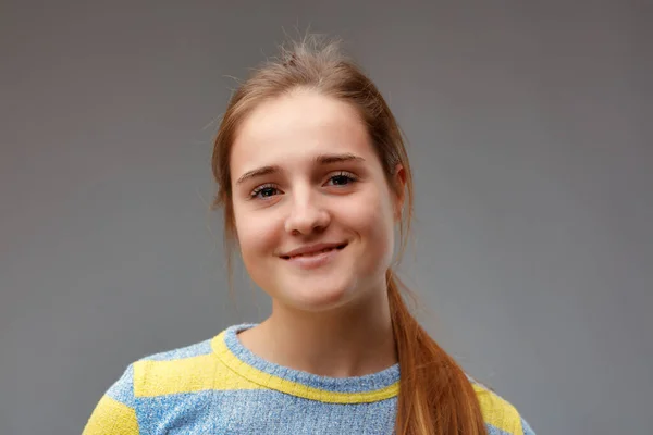 Young Beautiful Woman Yellow Striped Sweater Smiles Adorably Because She — Stock Photo, Image