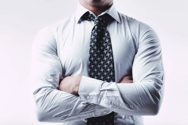 Cropped View Chest Businessman Wearing Necktie Standing Folded Arms White — Stock Photo, Image
