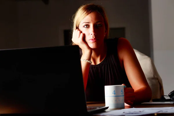 Glum Elegant Businesswoman Working Overtime Office Sitting Her Computer Darkness — Stock Photo, Image