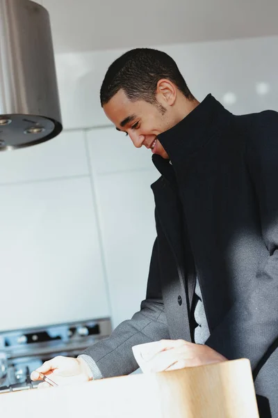 Young Trendy Black Man Enjoying Cup Coffee Kitchen Smiling Happily — Stock Photo, Image