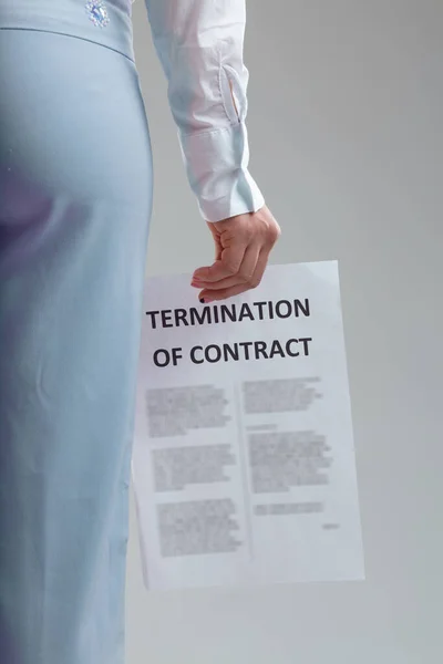 Rear View Businesswoman Carrying Termination Contract Her Hand Close Resignation — Stock Photo, Image