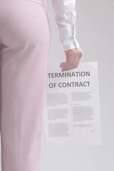 Partial Rear View Businesswoman Holding Termination Contract Document Dangling Her — Stock Photo, Image