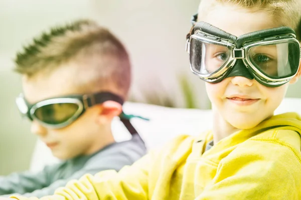 Cute High Key Portrait Young Boy Wearing Goggles Turning Grin — Stock Photo, Image