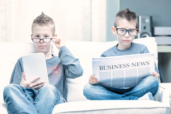 Spoof Two Young Boys Wearing Glasses Posing Businessmen Sit Side — Stock Photo, Image