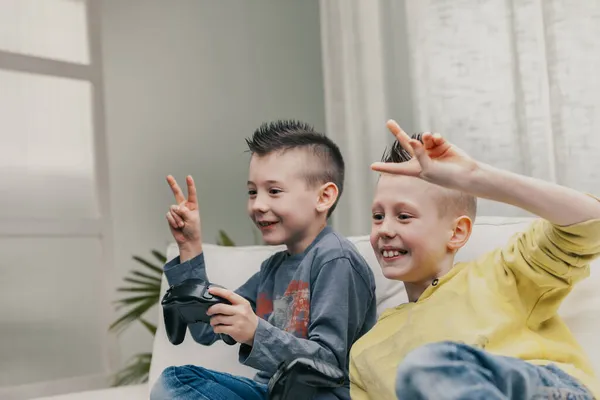 Two Happy Successful Triumphant Young Boys Giving Signs Winning While — Stock Photo, Image