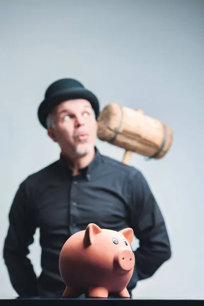 Senior Man Bowler Hat Contemplating Smashing His Piggy Bank Holding — Stock Photo, Image