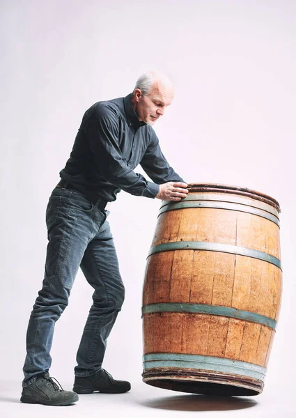 Senior Man Rolling Barrel Wine Front Him Edge Full Length — Stock Photo, Image