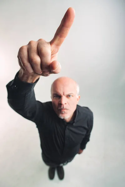 Top Perspective Senior Angry Man Frowning Pointing Finger Focus Hand — Stock Photo, Image