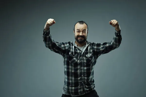 Half Body Portrait Bearded Man Check Shirt Raising Hands Triumph — Stock Photo, Image