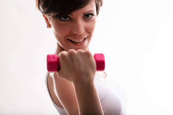 Vastberaden Jonge Vrouw Uit Werken Met Gewichten Tillen Een Halter — Stockfoto