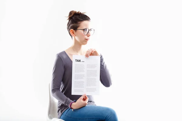 Woman Definitely Happy Holding Tax Form Looking Away Copyspace — Stock Photo, Image