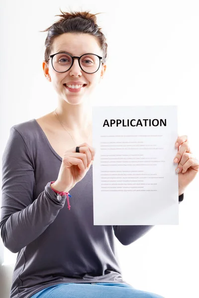 Signing Application Forms Pure Pleasure Want You Share Smiling Woman — Stock Photo, Image