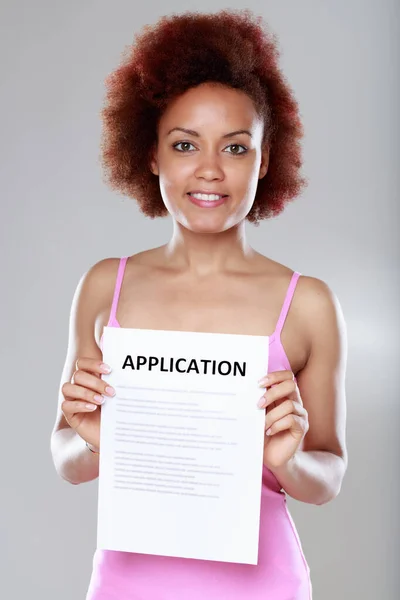 Young Black Woman Holding Application Form Concept Membership Enrolment Employment — Stock Photo, Image