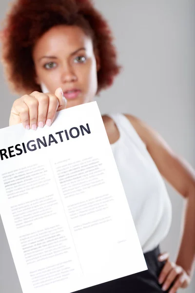 Angry Determined Young Black Woman Resignation Sign Holding Close Camera — Stock Photo, Image