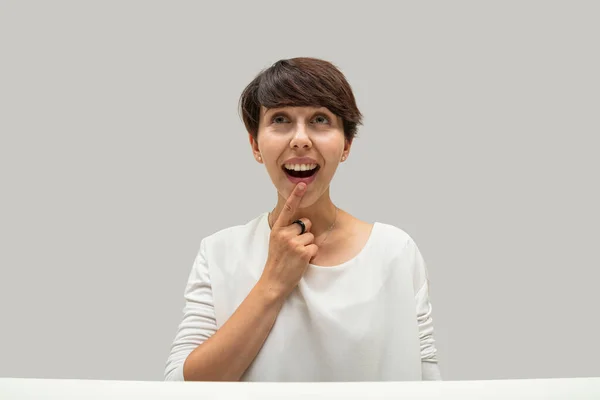 Silly Funny Expression Woman Who Has Great Idea Solution Problem — Foto Stock