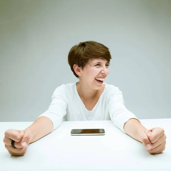 Friendly Laughter Woman Who Received Something Funny Her Cell Phone — Stockfoto