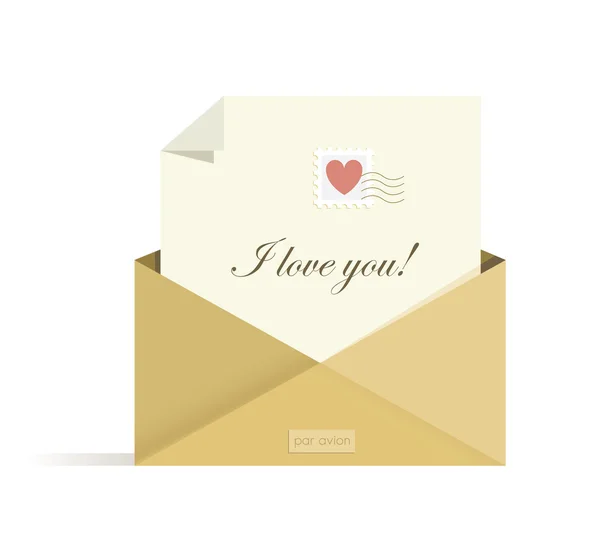 Letter with I love you words and post stamp with red heart — Stock Vector