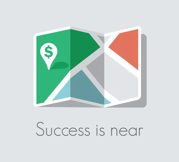El éxito está cerca. Mapa y pin puntero con signo de dólar verde. Concepto de éxito y suerte empresarial . — Archivo Imágenes Vectoriales