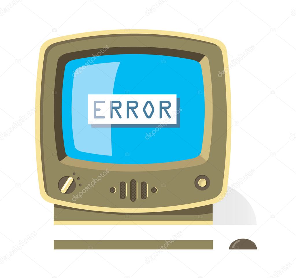 Vintage computer monitor with Error message on screen. Retro style illustration.
