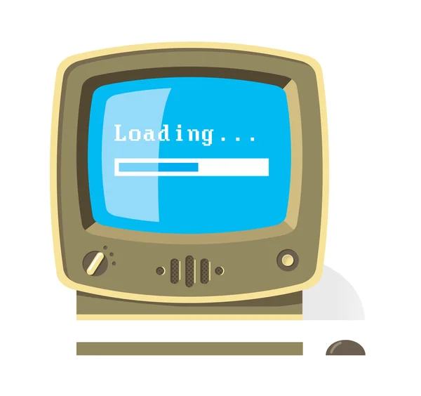 Vintage computer with Loading... message and progress bar on the screen — Stock Vector