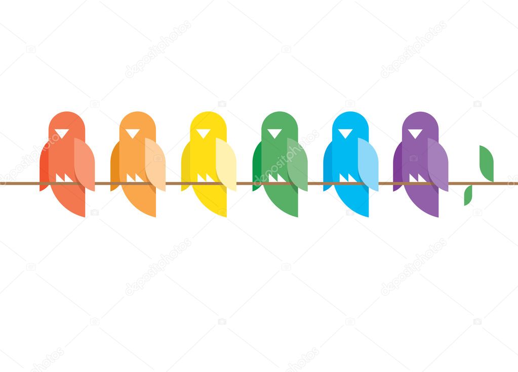 Family of birds in rainbow colors sitting on a tree branch with green leaves. Stylish design illustration with copy space for your text.