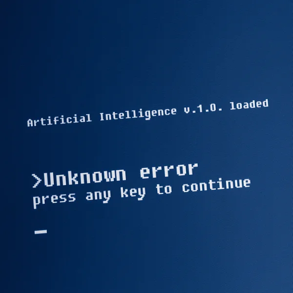 Artificial Intelligence computer message : "Unknown error, press any key to continue" High detailed computer screen photo. — Stock Photo, Image