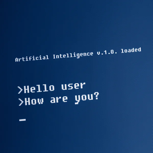 Artificial Intelligence computer message : "Hello user" High detailed computer screen photo. — Stock Photo, Image