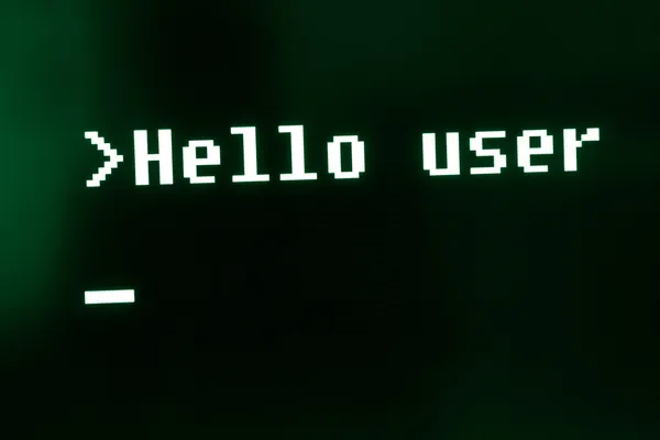 Artificial Intelligence computer message : "Hello user" High detailed computer screen photo. — Stock Photo, Image