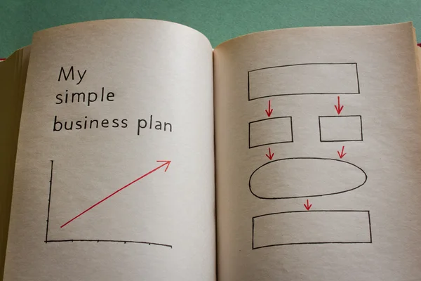 Mein einfacher Businessplan im leeren Buch mit Wachstumsdiagramm und klarem Strategiediagramm — Stockfoto