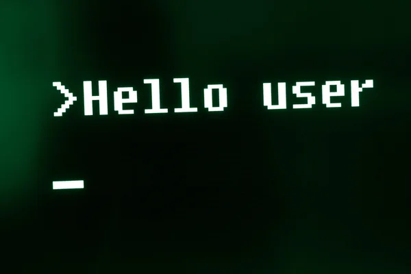 Mensaje de computadora de inteligencia artificial: "Hola usuario" Foto de pantalla de computadora detallada alta . —  Fotos de Stock