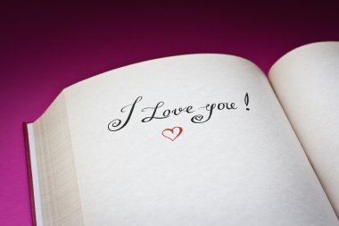 pembe bir arka plan ile açık kitap kelimelerle seviyorum. kavram ilanı Kartpostalı için iyi love.also için.