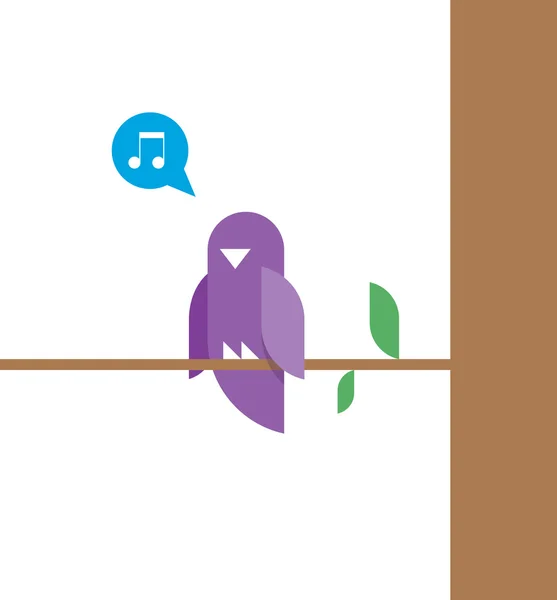 Cantando Violeta pájaro en la rama del árbol con nota musical — Vector de stock