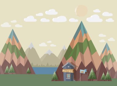 güzel doğa manzarası - dağ, göl, ağaçlar, bulutlar ve güneş ile yerde dünyanın sonu motelde. Stil illüstrasyon.