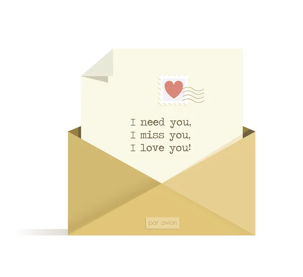 信与情人节快乐!红色的心在打开的信封邮政邮票祝贺词 — 图库矢量图片