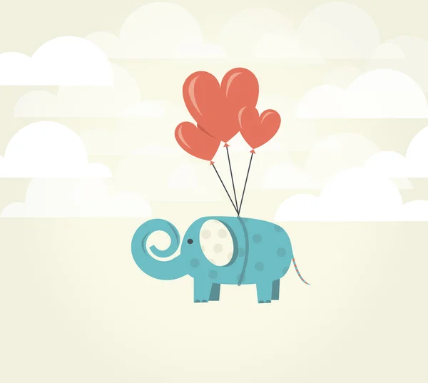 Heart balloons lifting up green elephant.Power of Love concept. Love ispires. — Stock Vector
