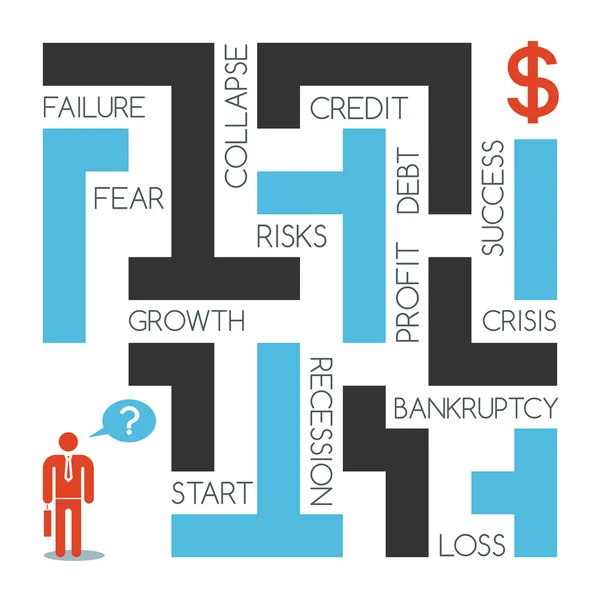 Empresário no labirinto de negócios. Há muitas armadilhas no labirinto medo, fracasso, colapso, crédito, dívida, lucro, risco, recessão, perda, falência, perda, crise, lucro e sucesso . — Vetor de Stock