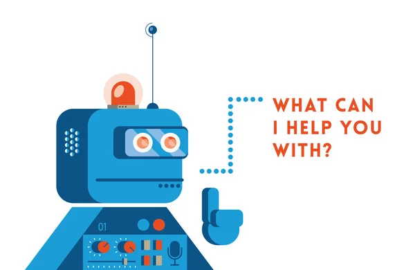 Robot saying in computer language What can I hepl you with? Concept for support service. — Stock Vector