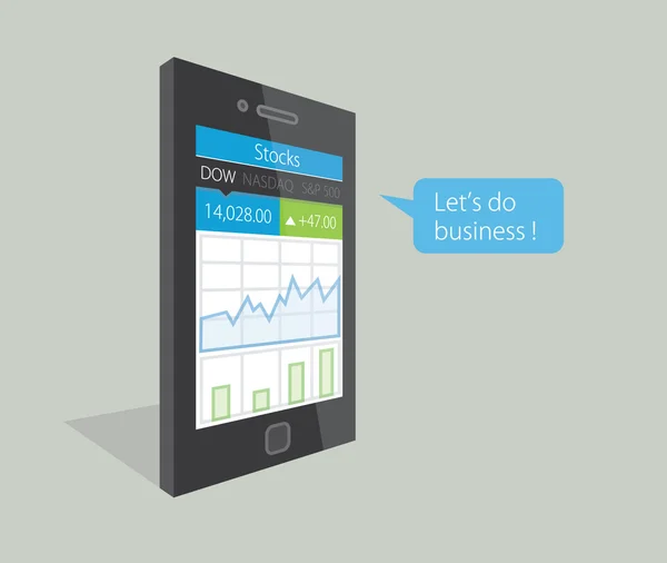 Illustration vectorielle d'un téléphone portable avec des diagrammes d'affaires boursières sur l'écran, en disant Faisons des affaires  ! — Image vectorielle
