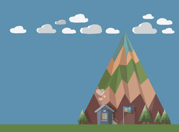 Pequena casa no fim do mundo com chaminé fumaça em forma de corações em frente a grande montanha com árvores, verde e nuvens. Tudo em forma 3D elegante com enorme espaço de cópia para o seu texto . —  Vetores de Stock