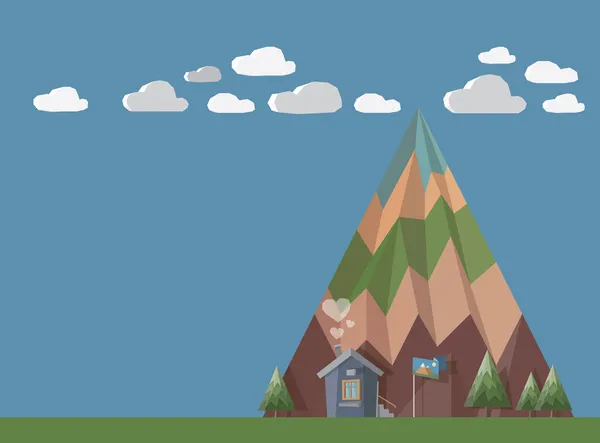 Pequeña casa en el fin del mundo con chimenea de humo en forma de corazones frente a una gran montaña con árboles, verde y nubes. Todo en forma de estilo 3D con gran espacio de copia para su texto . — Vector de stock