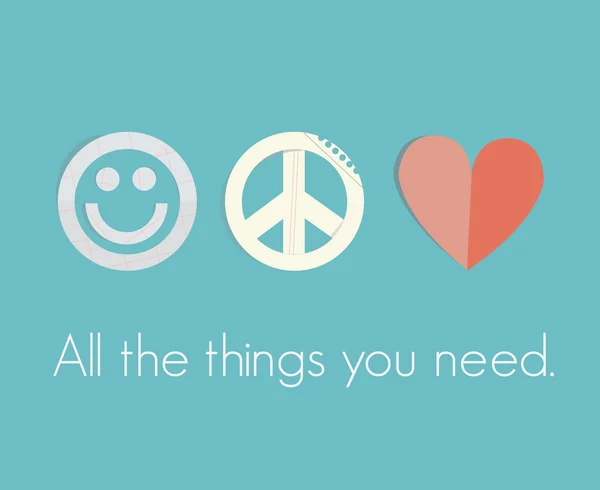 Papercut sourire, signe de paix et cœur rouge - sourire, pacifisme et symboles d'amour avec texte Toutes les choses dont vous avez besoin . — Image vectorielle