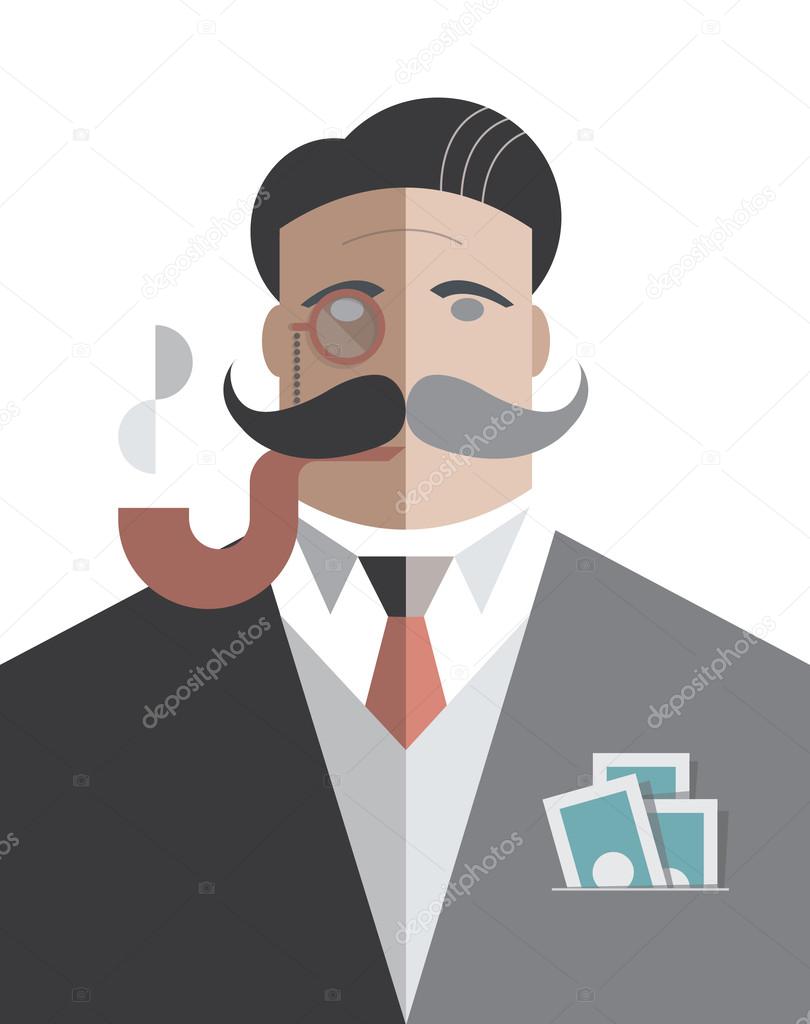 Old school businessman with monocle and smoking pipe with pack of dollars in the pocket