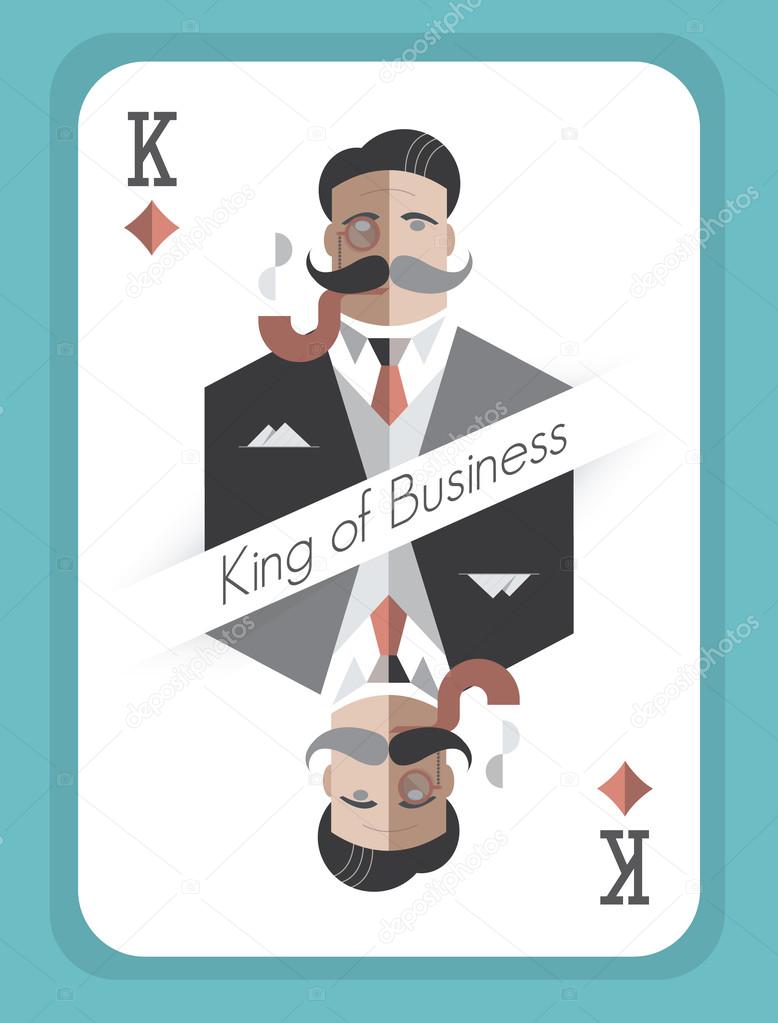 King of Business. Vintage style playing card with a picture of a old school businessman with monocle and smoking pipe. Concept for real, successful businessmen.