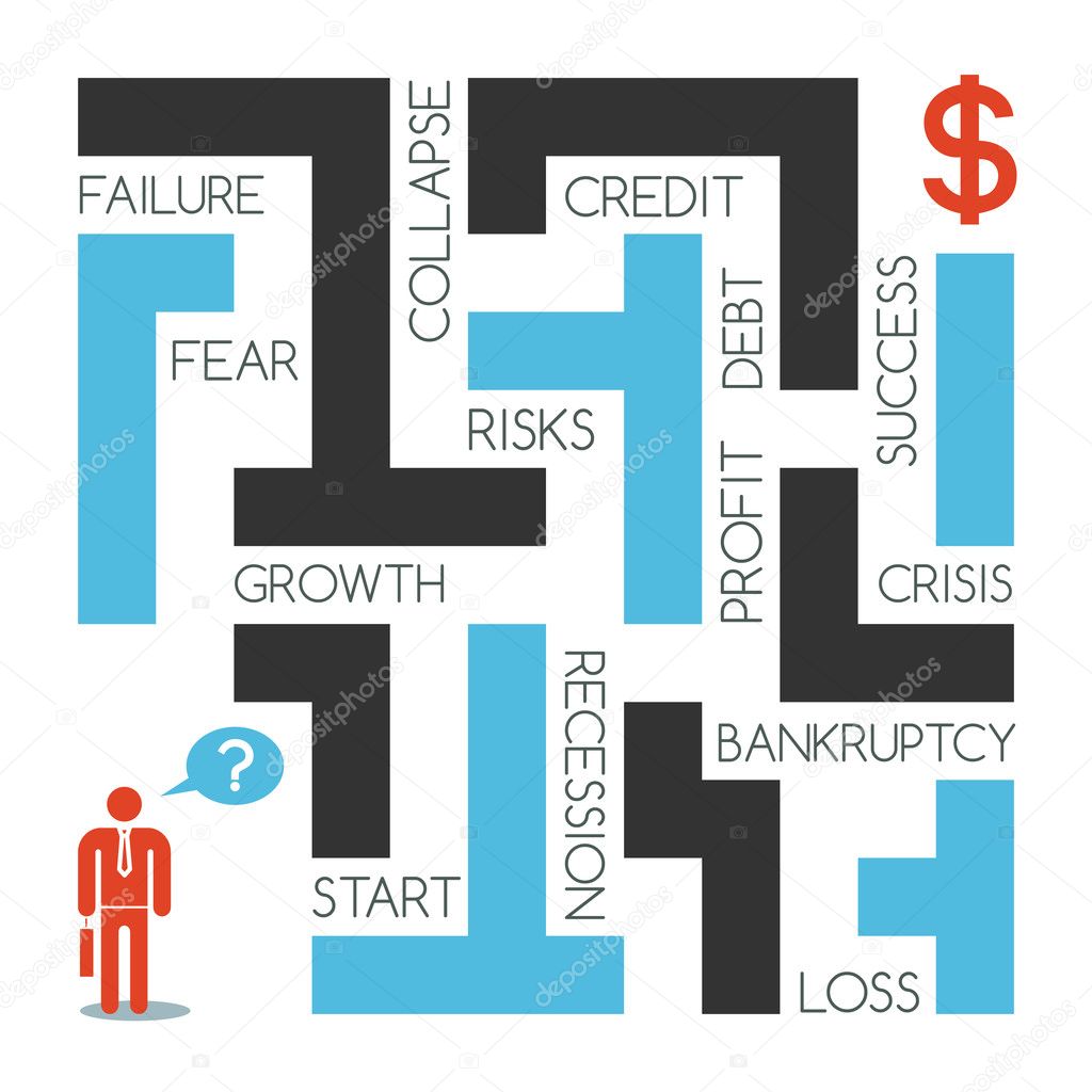 Businessman in business labyrinth. There are a lot of traps in labyrinth - fear, failure, collapse, credit, debt, profit, risk, recession, loss, bankruptcy, loss, crisis, profit and success.