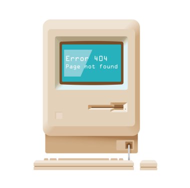 Hata 404 sayfa bulunamadı, klavye ve fare üzerinde beyaz izole vintage bilgisayarda hata iletisi bağlayın. retro tarzı resimde. metniniz için kopya alanı ile.