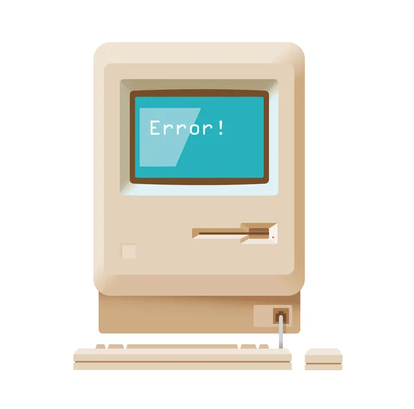 Mensaje de error en la computadora vintage con teclado y ratón aislados en blanco. Ilustración de estilo retro. Con espacio de copia para su texto . — Vector de stock