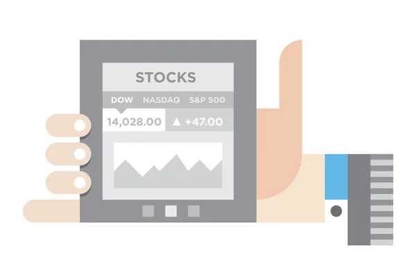 Vectorillustratie van een internettablet met beurs informatie en zakelijke diagram op het display in de hand zakenman — Stockvector